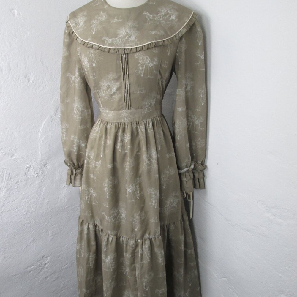 New Simple Retro Taupe Beige Provencal Toile Print Midi Dress Size M